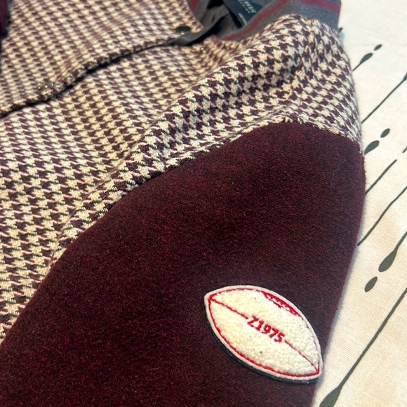Zara Collection burgundy,  cream, and gray varsity jacket. Size Small. - Picture 2 of 7